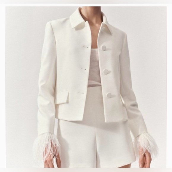 ZW COLLECTION FEATHERED CROPPED BLAZER AND PANTS -2 PCS- ECRU - Picture 9 of 13